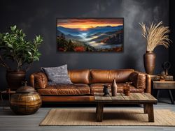 Great Smokey Mountains Sunset Photo Style Painting Canvas Print, Tennessee, North Carolina Landscape Wall Art, Ready To