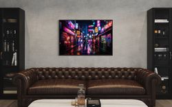 Game Room Wall Art - Neon Futuristic Tokyo And Japanese Warrior Painting Canvas Print, Nerdy Wall Decor, Man Cave Art Re
