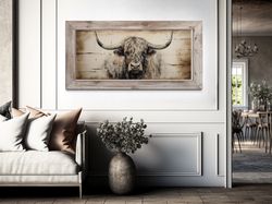 highland bull painting on wood canvas print, rustic chic farmhouse wall art, highland cattle painting framed, unframed,