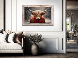 highland cow in red scarf photography wall art - winter wall decor, rustic farmhouse over mantel decor -  framed or unfr