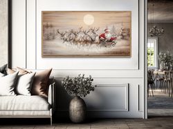 farmhouse christmas eve wall art, santa claus in sleigh with reindeer painting on wood canvas print, over mantel decor f