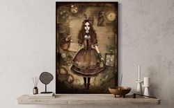 Gothic Grunge Alice In Wonderland Painting Canvas Print  Poster Dark Academia Wall Art Spooky Halloween Decor Framed Unf
