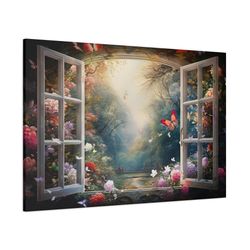 Faux Window Canvas, Magical Enchanted Forest View From Open Window Painting, Fantasy Landscape Canvas Print Ready To Han