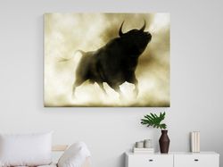 Majestic Bull Silhouette in Motion,Golden Hue Background, Wall Art, Home Decor, Living Room Art, Office Artwork, Inspira