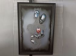 heartfelt weave - man with an embroidered chain fence heart,embroidered heart, emotional connection, symbolic art,home d