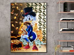 Duck and Dollar Canvas Painting, Paint Textured Graffiti Duck Art, Gold and Money Canvas Painting,Fashion Cartoon Pictur