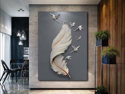 Feather and Birds, Canvas Gift, Canvas Art, Large Canvas, Abstract Feather Wall Art, Feather Wall Art, Modern Art Canvas