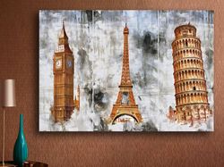 Icons of Europe,Historical Buildings, Canvas Wall Art, London Big Ben, Paris Eiffel Tower, Pisa Leaning Tower, Travel De