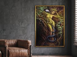 girl in leaves painting, surreal painting, figure painting, divine feminine art, wall art canvas design,framed canvas, r