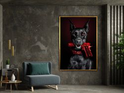 doberman gun canvas, hypebeast canvas, luxury designer fashion dog lover poster, wall art canvas design, framed canvas r