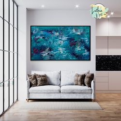 blue abstract acrylic painting on canvas, original oil painting, canvas wall art home decor