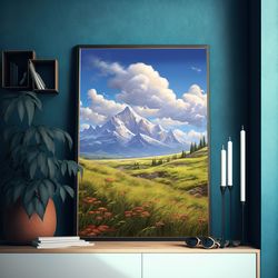 mountain grasslands art print  landscape painting  perfect to gift landscape lovers  christmas