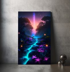 fantasy spiritual forest canvas  magical colorful flowers neon lights  fantasy painting  wall canvas decor original