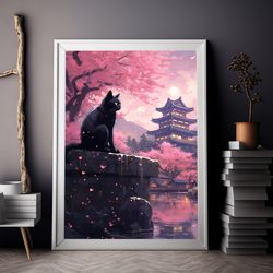 Pink Cherry Blossom Garden Art Print  Black Cat and Sakura Garden  Japanese Architecture  Perfect Gift Nature Lovers-1