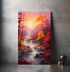 fall forest landscape art canvas  river landscape autumn colors  fantasy painting  perfect to gift fantasy lovers  chris