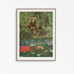 bear print, woodland animal prints, rustic wall art, green prints, bear art, bear illustration