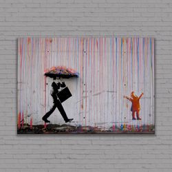 Banksy Umbrella Man Canvas, Rainbow Rain, Canvas, Printing Wall Art, Graffiti Wall Art, Gift dea, Ready to Hang