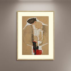 Egon Schiele Standing Female in Shirt with Black Stockings and Red Scarf Print Framed Canvas, Art Decor, Canvas Wall Art