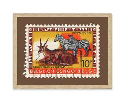 Belgisch Congo Belge Stamp, Vintage African Stamp Art Postage Framed Canvas Print, African Hippotigris, African Zebra, T