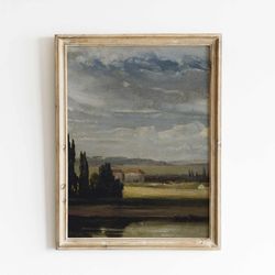 vintage european landscape painting, print of antique oil painting, landscape view with cloudy sky, vintage landscape pr