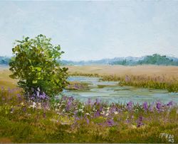 Summer Landscape Oil Painting Original Fine Art Fields And Green Trees Flower Meadows Calm Neutral Landscape Small Waal