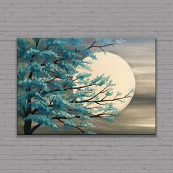 Tree and Moon Wall Art, Moon Poster, Green Tree Landscape Canvas Art, blue tree and full moon Rolled Canvas Print, Multi