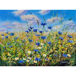 Summer Original painting Cornflowers painting Landscape Original art Acrylic painting Stretched Canvas 18x24 Art by Rodi