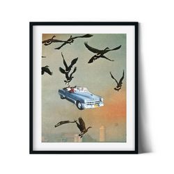 Retro print, Orange hue poster, Birds art illustration, Vintage car poster