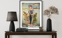 Mermaid print, Underwater artwork, Mermaid illustration, Vintage collage art print