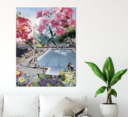 large canvas print, swimming pool canvas art, floral canvas, large print, 100x75 cm