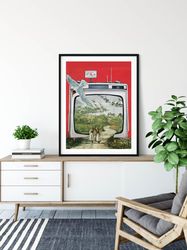 red print, red tv poster, collage art, large wall poster, retro vibe, modern landscape art