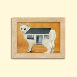 White cat print - Small cat gift - Cat is home - 5x7 art print - Beach aquarium print- Collage art