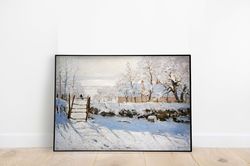claude monet - magpie, impressionist winter landscape painting, snowy village print, printable farmhouse wall art, digit