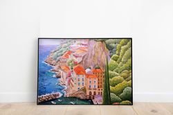 mediterranean landscape painting, printable wall decor, home decor, nature landscape art, hand painted wall art, greece