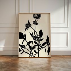 Beige Black Abstract Botanical Wall Art, Apartment Decor  Minimalist Flower Wall Art  Bedroom Living Room Wall Art  Abov
