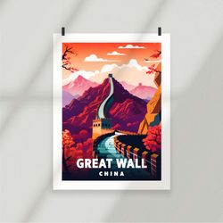 great wall - china - landscape - poster - minimalist nature poster - travel print - nature wall art