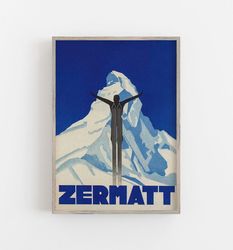 Vintage Ski Poster, Zermatt Switzerland Print, Winter Wall Art, Art Deco Decor