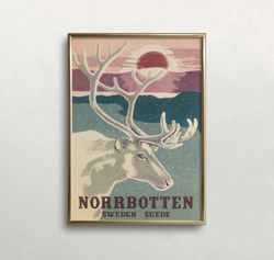 Sweden Wall Art, Vintage Wall Art, Norrbotten Sweden, Soft Muted Colors, Reindeer Wall Art
