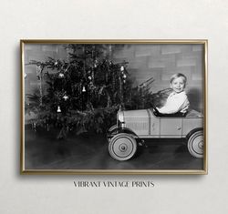 vintage christmas art, black and white art, boy and toy car, old photo, christmas tree art
