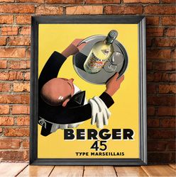 waiter with tray, bar wall decor, vintage wall art, berger 45 print, beverage wall art, colorful
