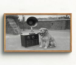 Samsung Frame TV Art, Dog Listening to Music, Black and White Art, Vintage Wall Art, Dog Wall Art