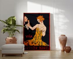 vintage woman portrait, woman with wine print, wine wall art, woman in yellow art, bar wall decor