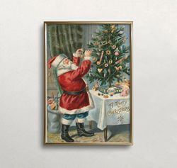 Santa Wall Art, Vintage Christmas Art, Vintage Santa Claus, Santa Trimming Tree, Holiday Wall Decor