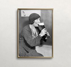 woman drinking beer, black and white art, vintage wall art, beer lover print, bar wall decor, vintage beer