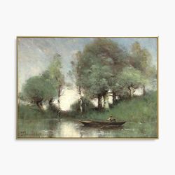 vintage landscape art print, riverside oil painting, farmhouse decor
