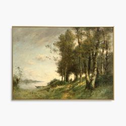 vintage landscape river art print, riverside oil painting, farmhouse decor