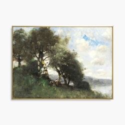 vintage landscape painting, tree painting art poster perfect for farmhouse decor