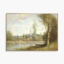 vintage landscape art print, riverside oil painting, farmhouse decor, cottagecore art