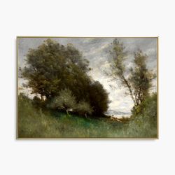 vintage landscape art print, riverside oil painting, farmhouse decor, countryside painting