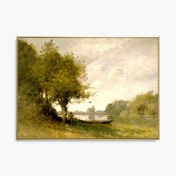 vintage landscape art print, riverside oil painting, farmhouse decor, countryside painting-1